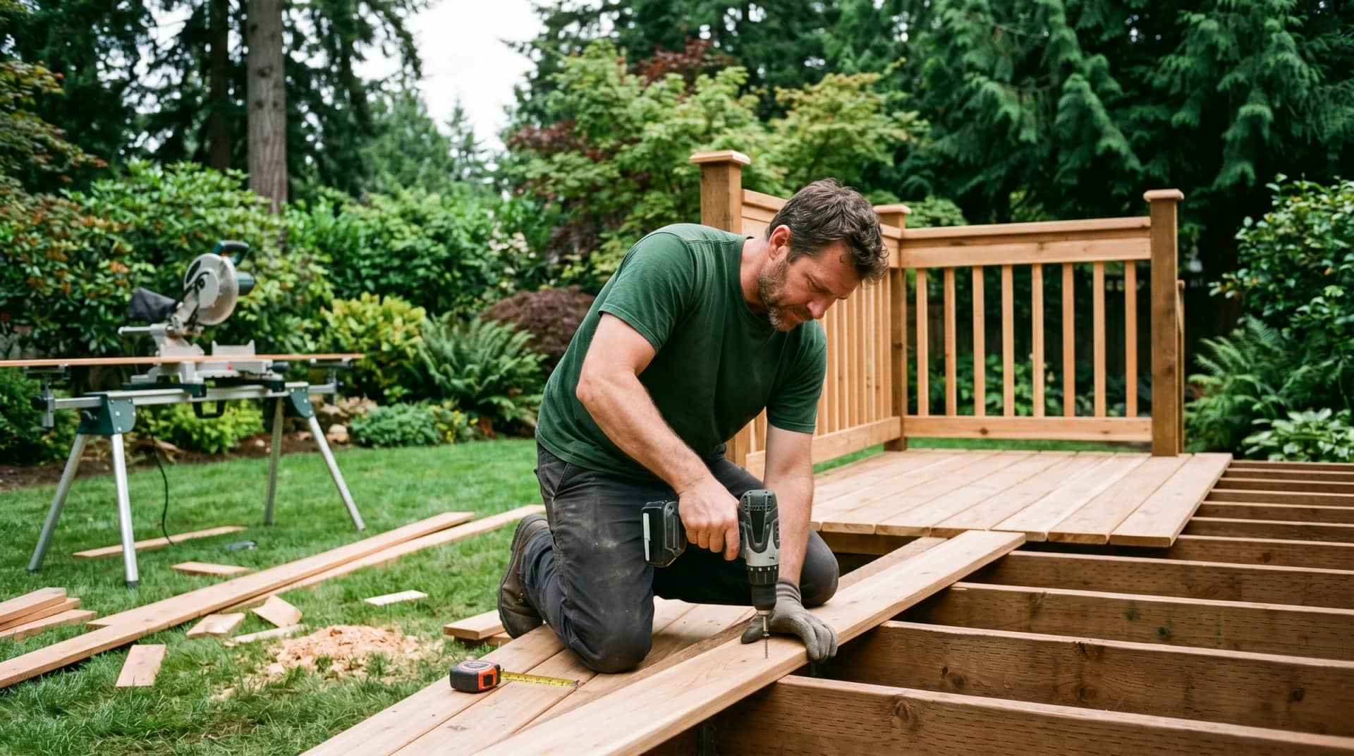 A carpenter driving a screw into a fresh cedar deck board beside a finished railing