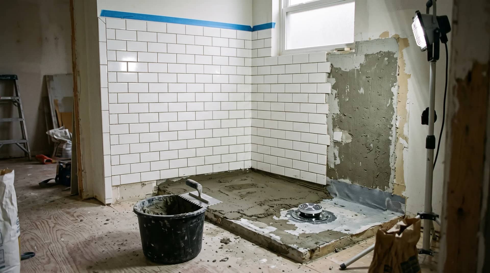 A bathroom mid-renovation with two walls of the shower surround newly tiled and the third still showing bare cement backer board