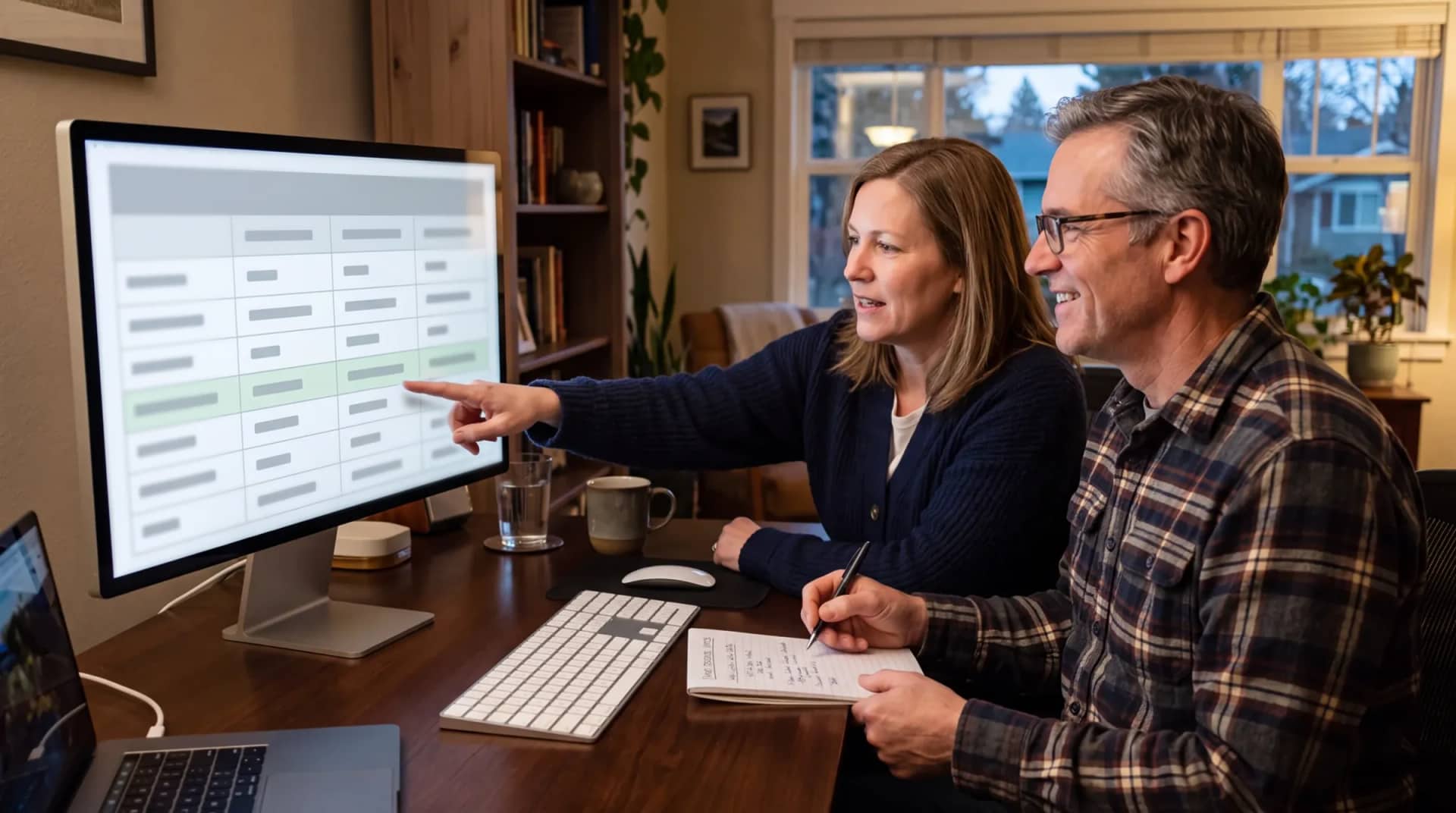 Two homeowners at a desk comparing three contractor bids side by side on a monitor, one pointing at a highlighted line item while the other takes notes