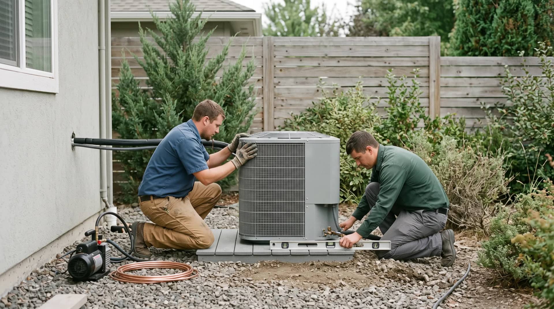Two technicians setting a new residential heat-pump condenser onto a fresh pad and levelling it, the line set routed to the wall