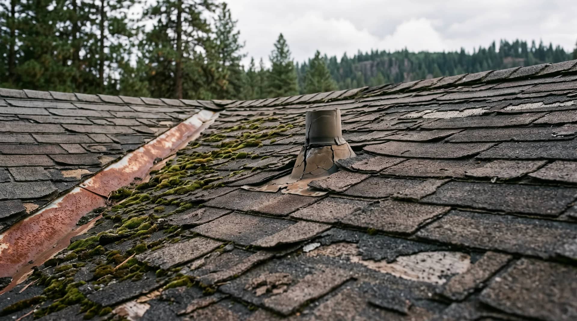 A worn asphalt shingle roof at the end of its life: curling tabs, bald patches where the granules have gone, moss in the shaded courses and a rusting valley