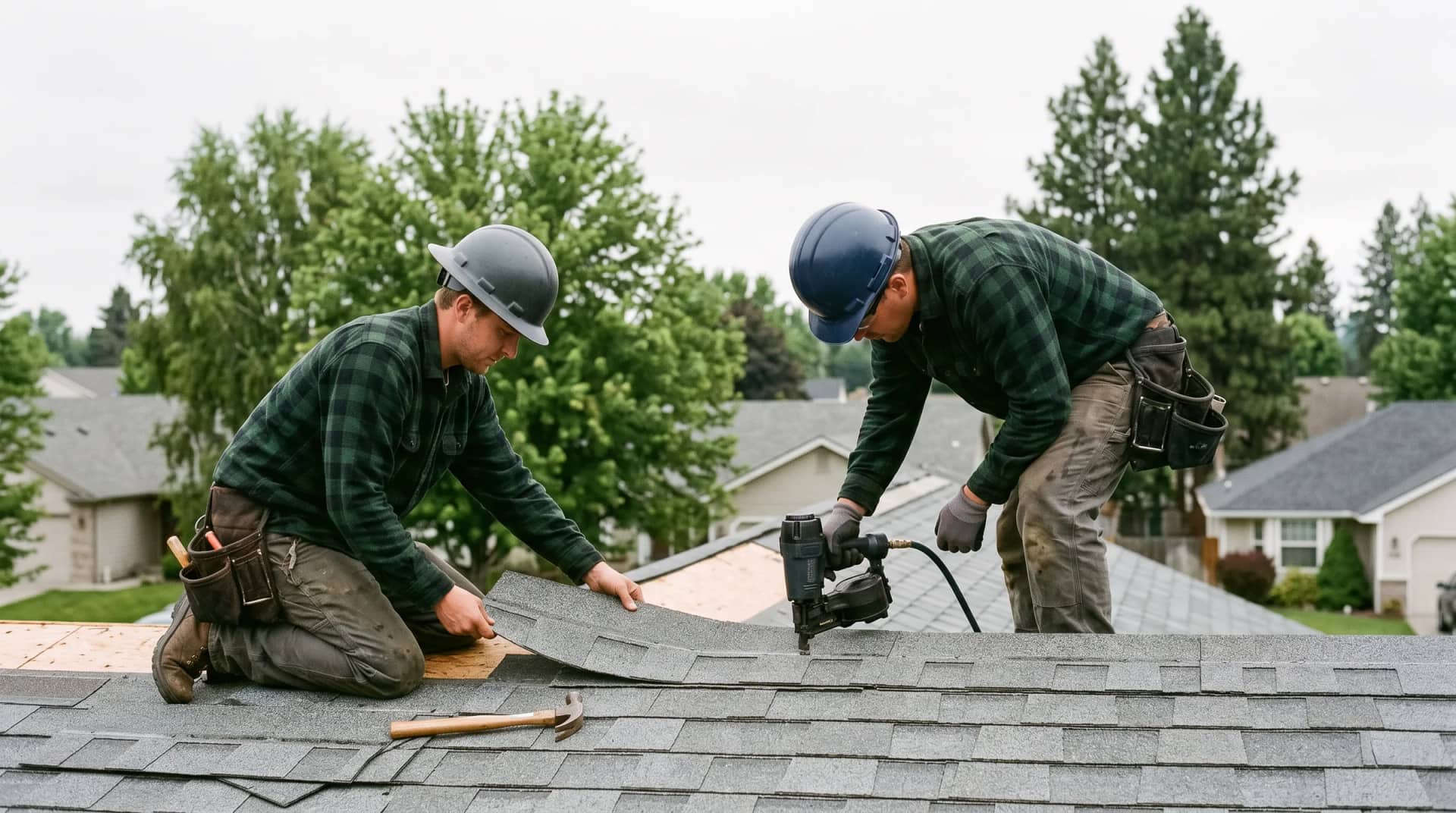 Two roofers setting a course of asphalt shingles on a residential roof, one nailing it off