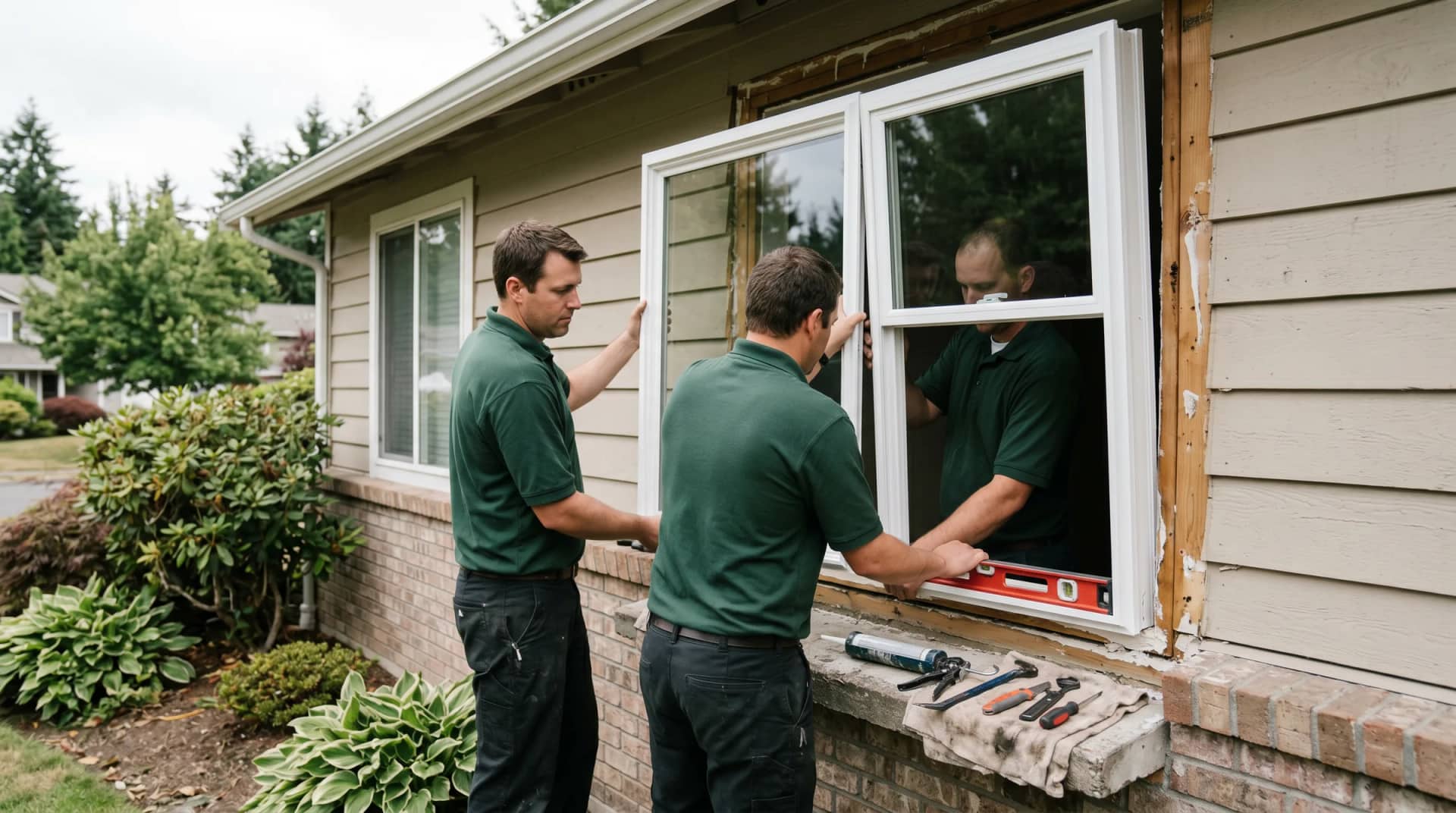Installers setting a replacement window into a prepared rough opening and checking it for level