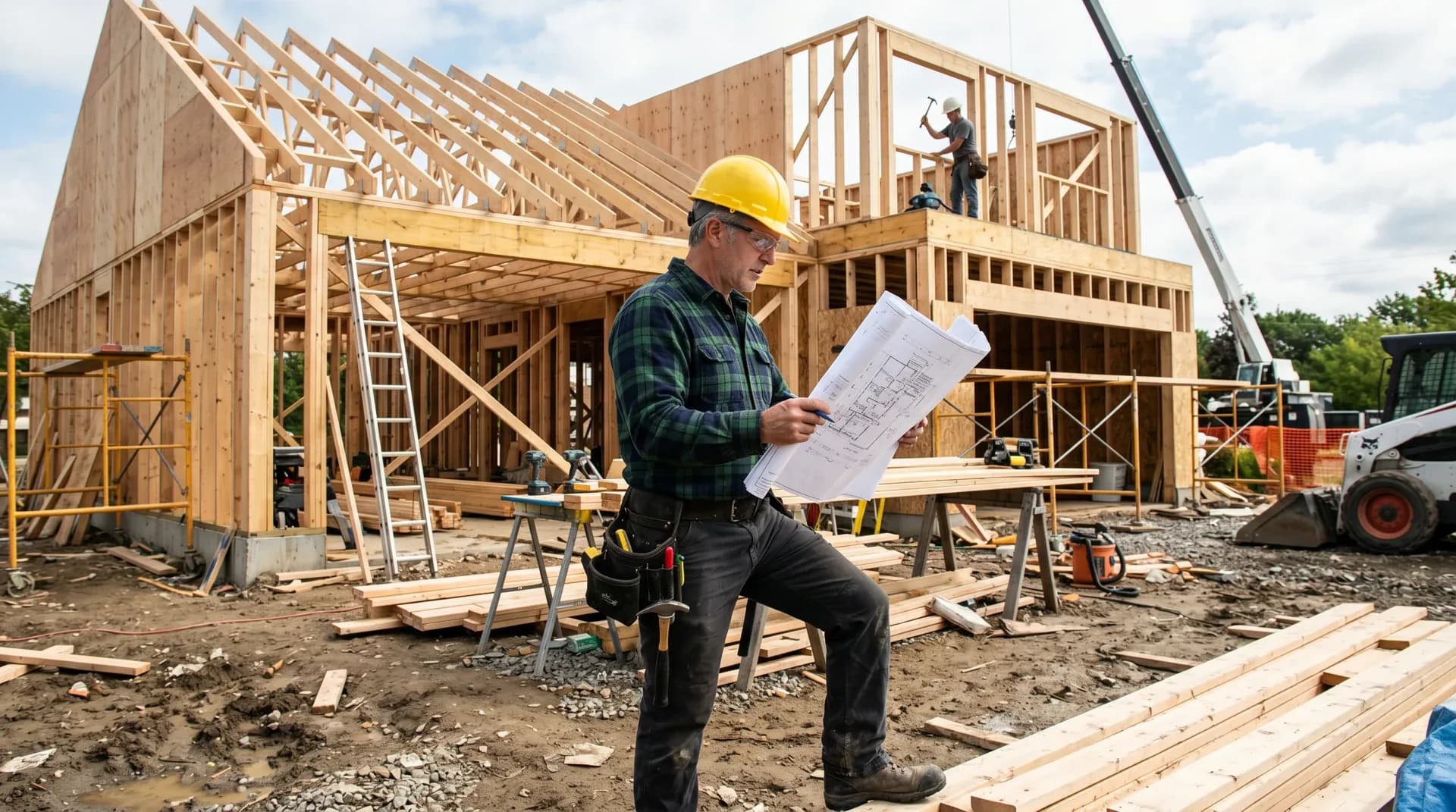 A carpenter reading a set of construction drawings on the site of a house being framed