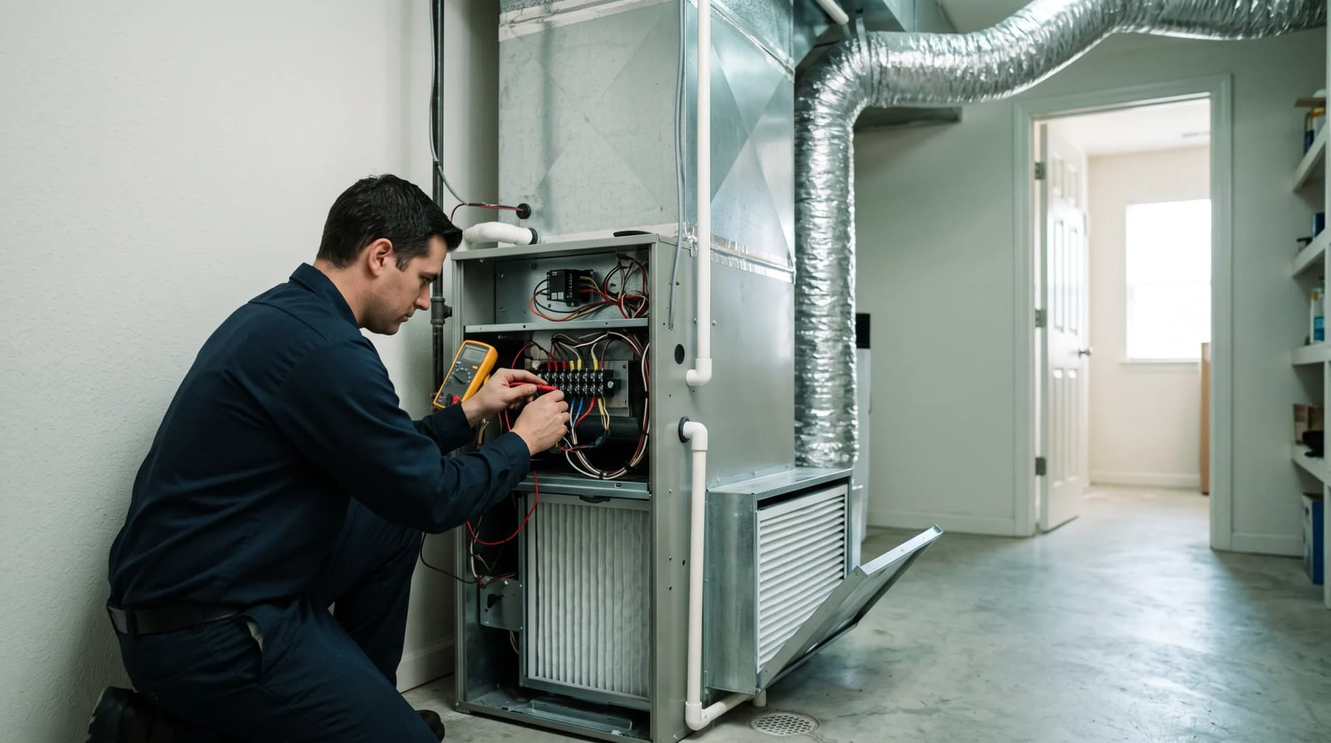 A technician testing a wiring terminal on an open residential air handler with a multimeter, ducting overhead