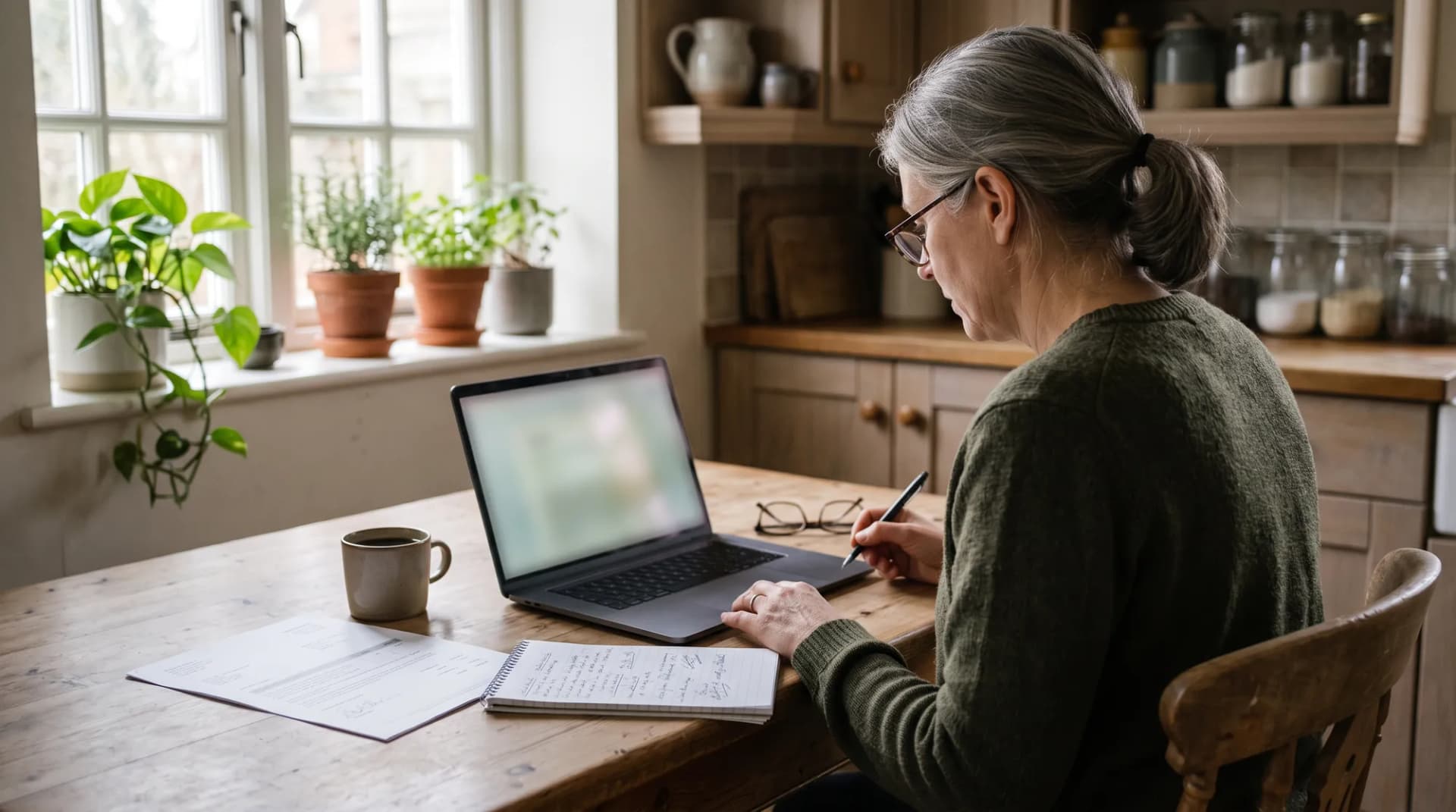 A homeowner at a kitchen table checking a contractor's paperwork against a laptop, notepad and pen in hand
