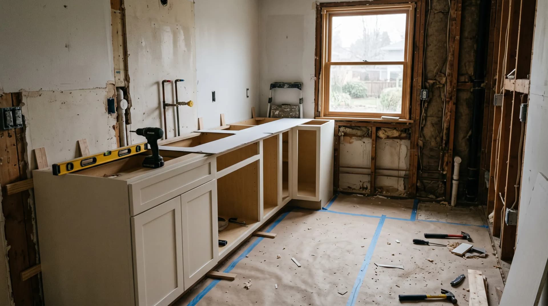A kitchen mid-remodel: new base cabinets set and shimmed with no countertop yet, the opposite wall stripped back to studs