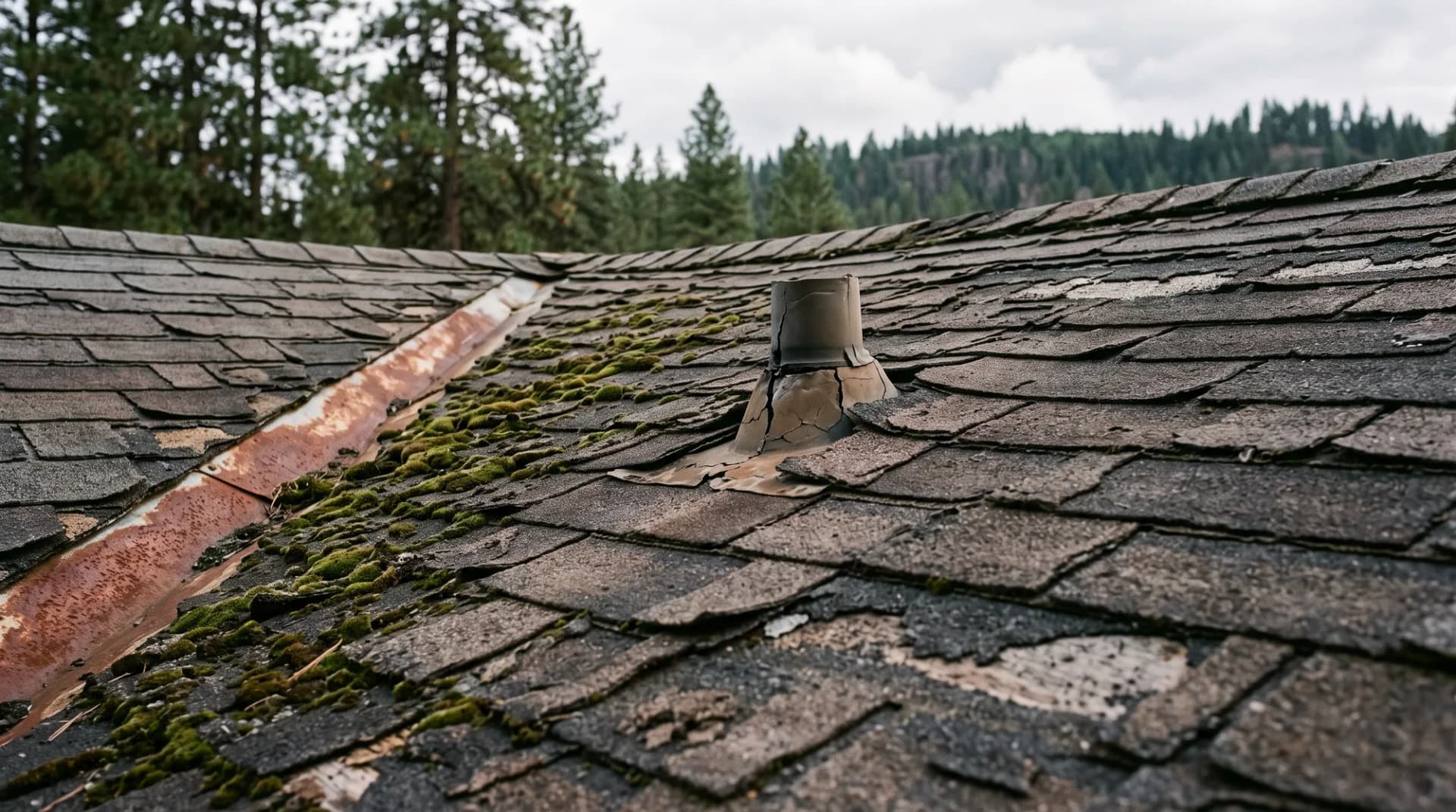 A worn asphalt shingle roof at the end of its life: curling tabs, bald patches where the granules have gone, moss in the shaded courses and a rusting valley