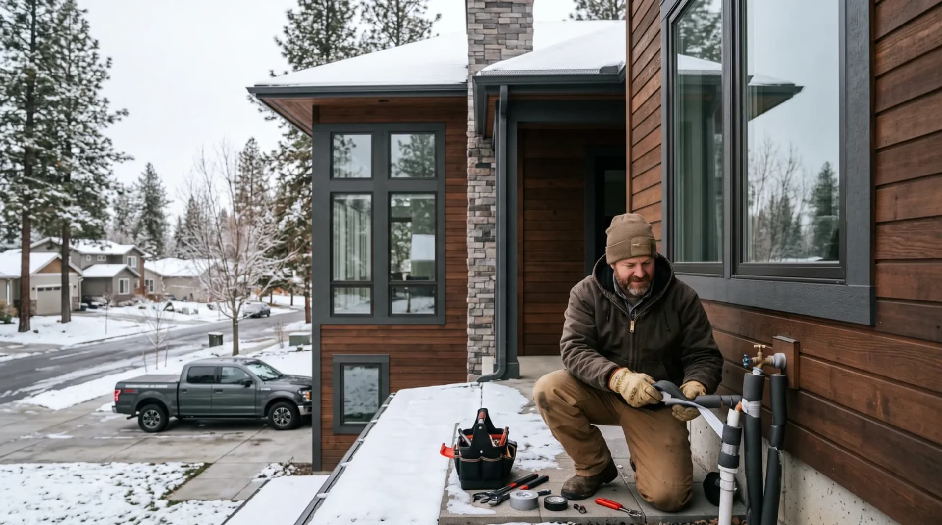Foam pipe insulation and tape going onto the exterior supply pipes at a hose bib ahead of a hard freeze, tool bag open on a snow-dusted porch slab