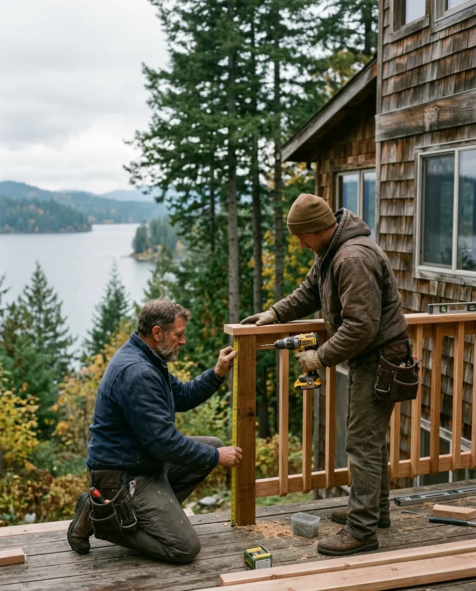 Two carpenters rebuilding a cedar deck railing above Lake Coeur d'Alene, one measuring a post while the other drives a screw