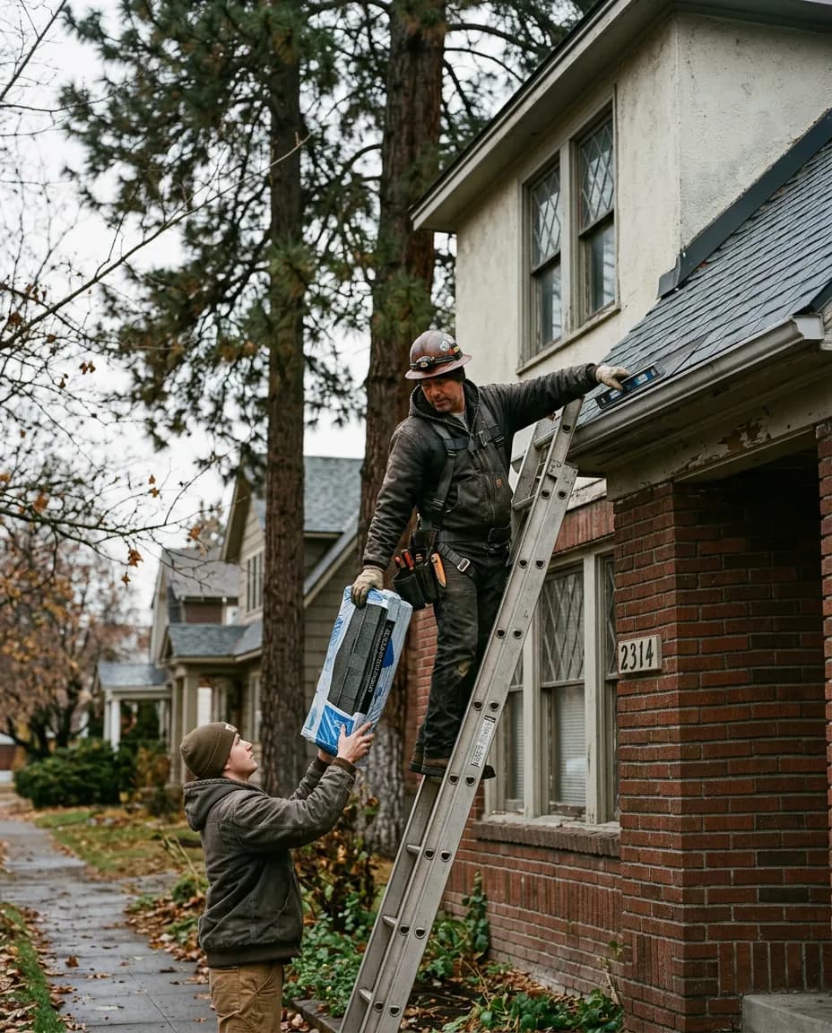 A roofer on a ladder at the eave of a brick and stucco house on Spokane's South Hill, taking a bundle of shingles from a crew member on the sidewalk