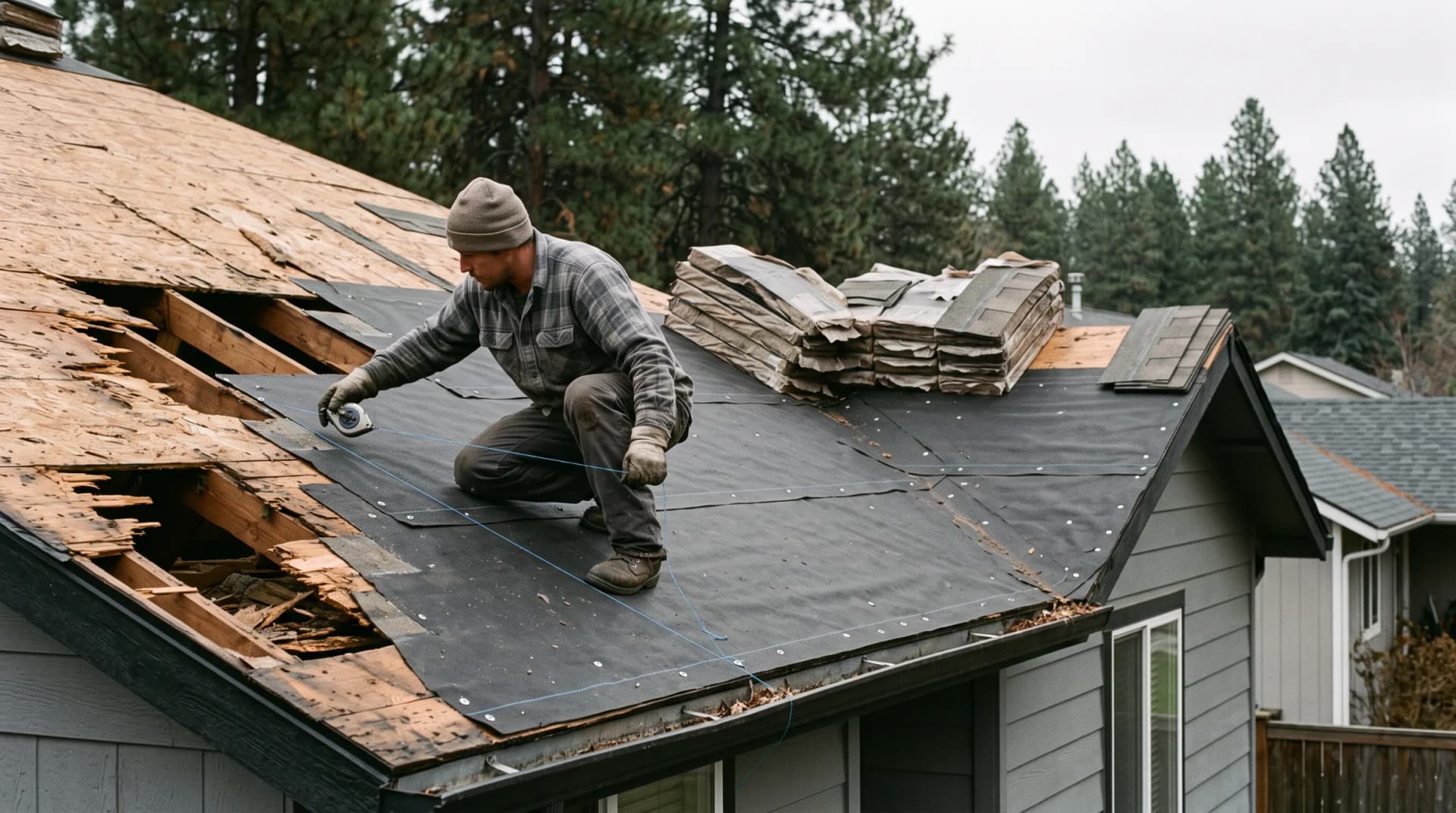 A re-roof mid-tear-off: bare decking on one slope, underlayment capped on the next, shingle bundles staged along the ridge