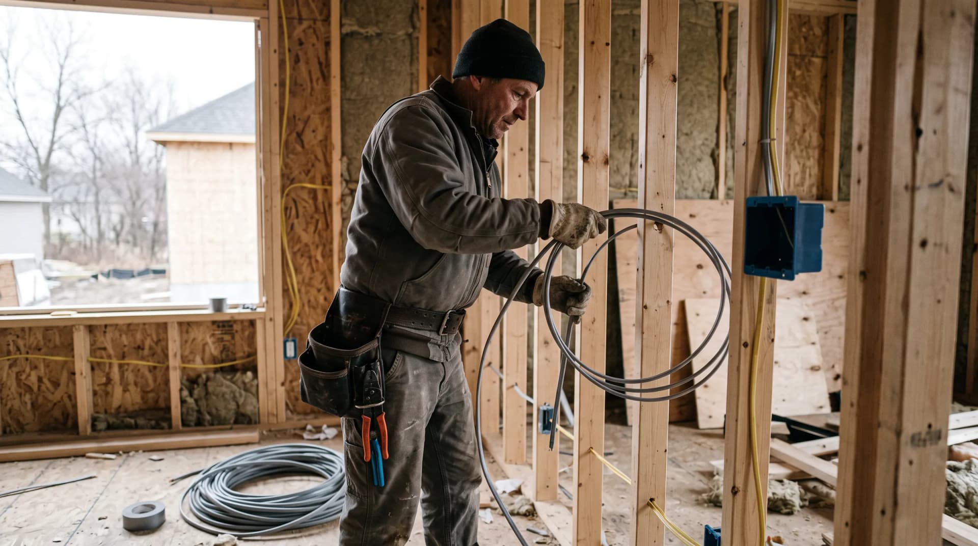 An electrician pulling a loop of cable toward a mounted device box through drilled studs in an unfinished wall