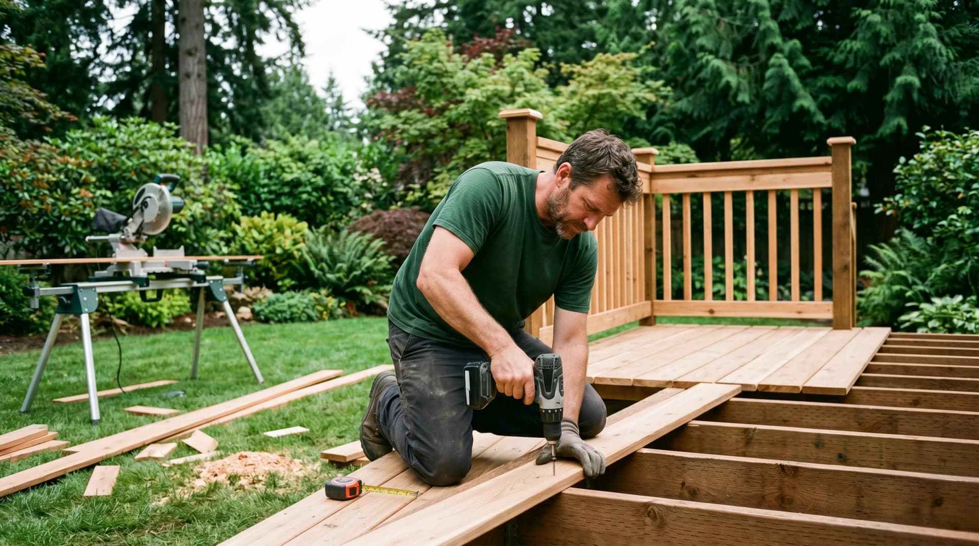 A carpenter driving a screw into a fresh cedar deck board beside a finished railing