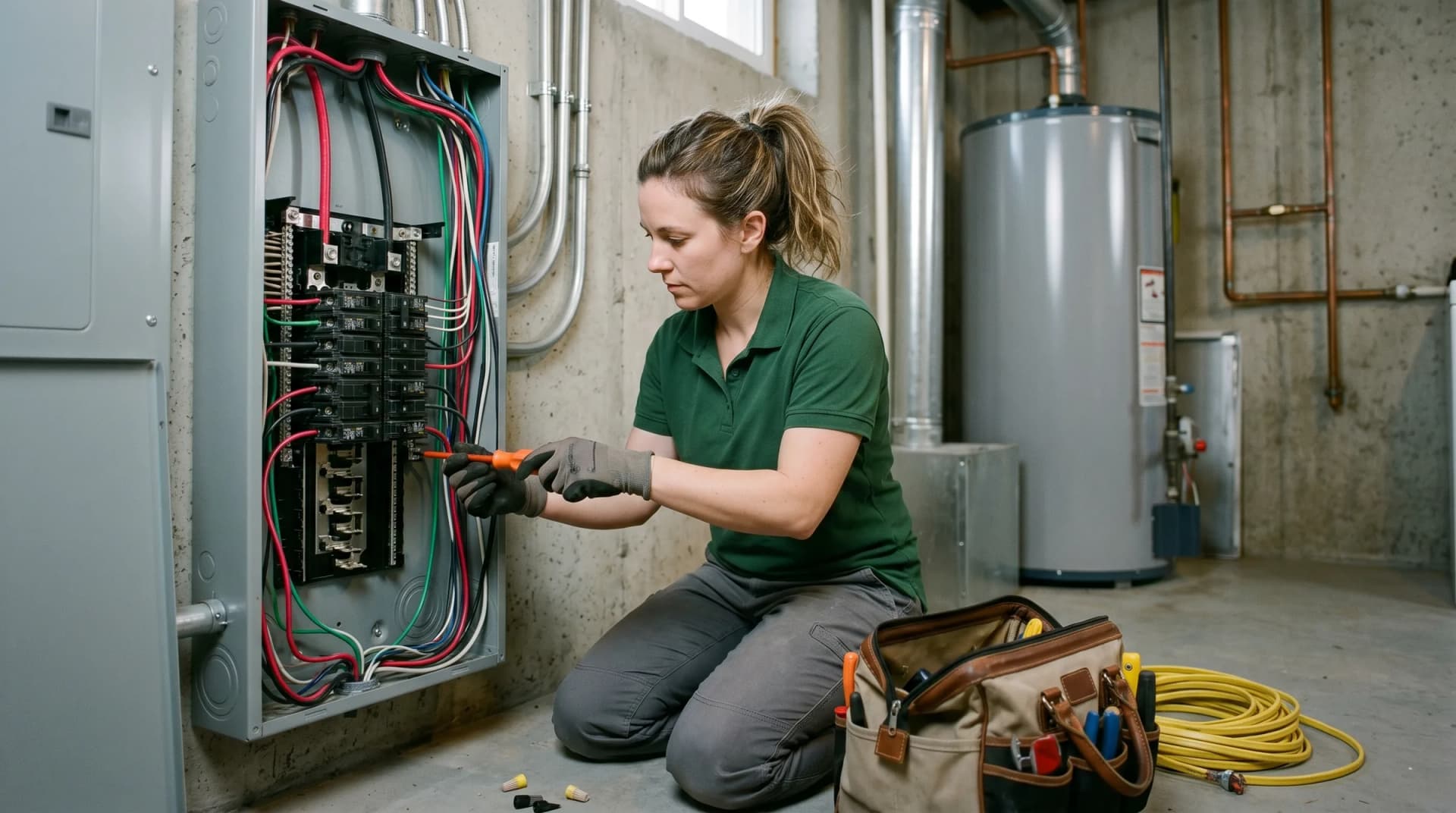 An electrician landing a circuit conductor in an open residential breaker panel