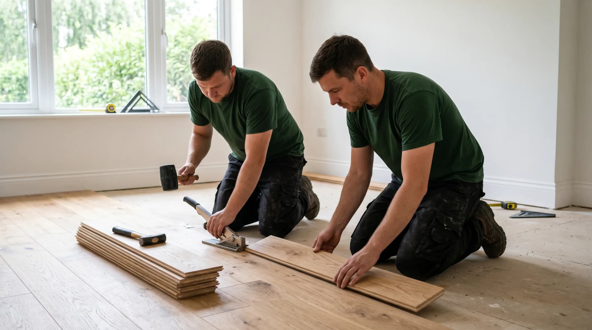 Two installers laying a run of oak hardwood plank flooring in a bright empty room