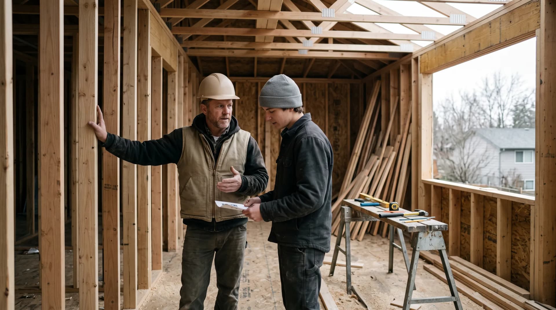 A general contractor in a hard hat talking through the layout of a residential addition with a second worker, framing exposed around them