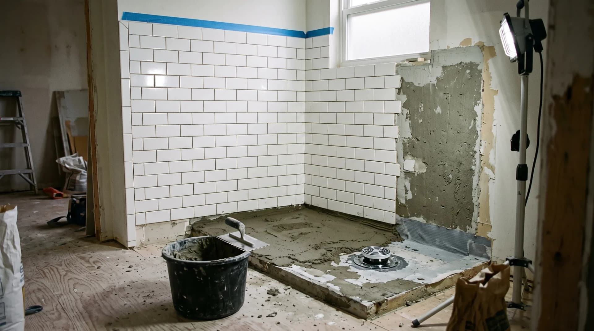 A bathroom mid-renovation with two walls of the shower surround newly tiled and the third still showing bare cement backer board
