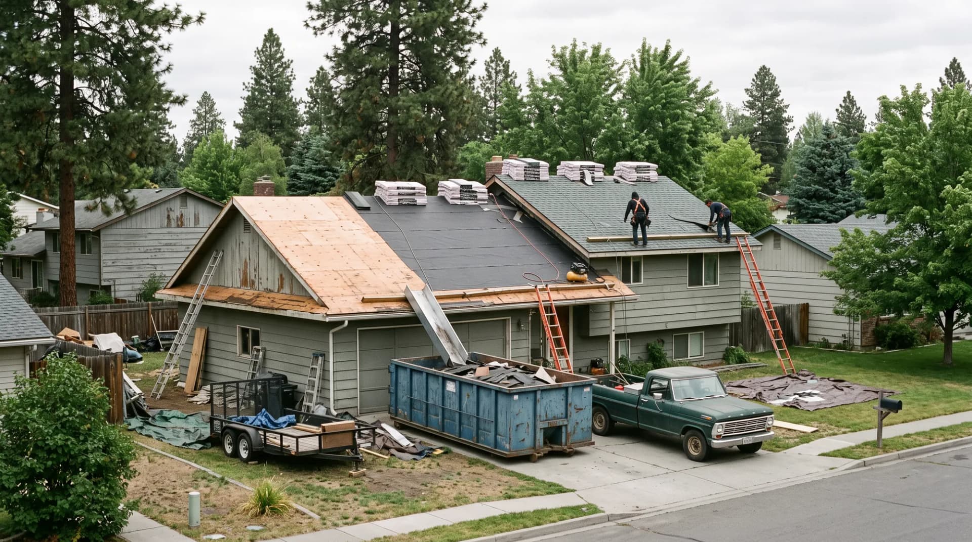 A whole-house re-roof underway — one slope stripped to decking, one underlaid, one shingled — with a debris skip in the driveway