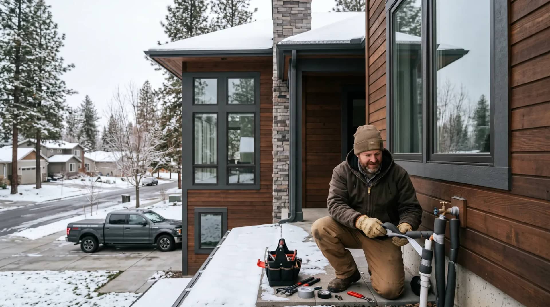Foam pipe insulation and tape going onto the exterior supply pipes at a hose bib ahead of a hard freeze, tool bag open on a snow-dusted porch slab