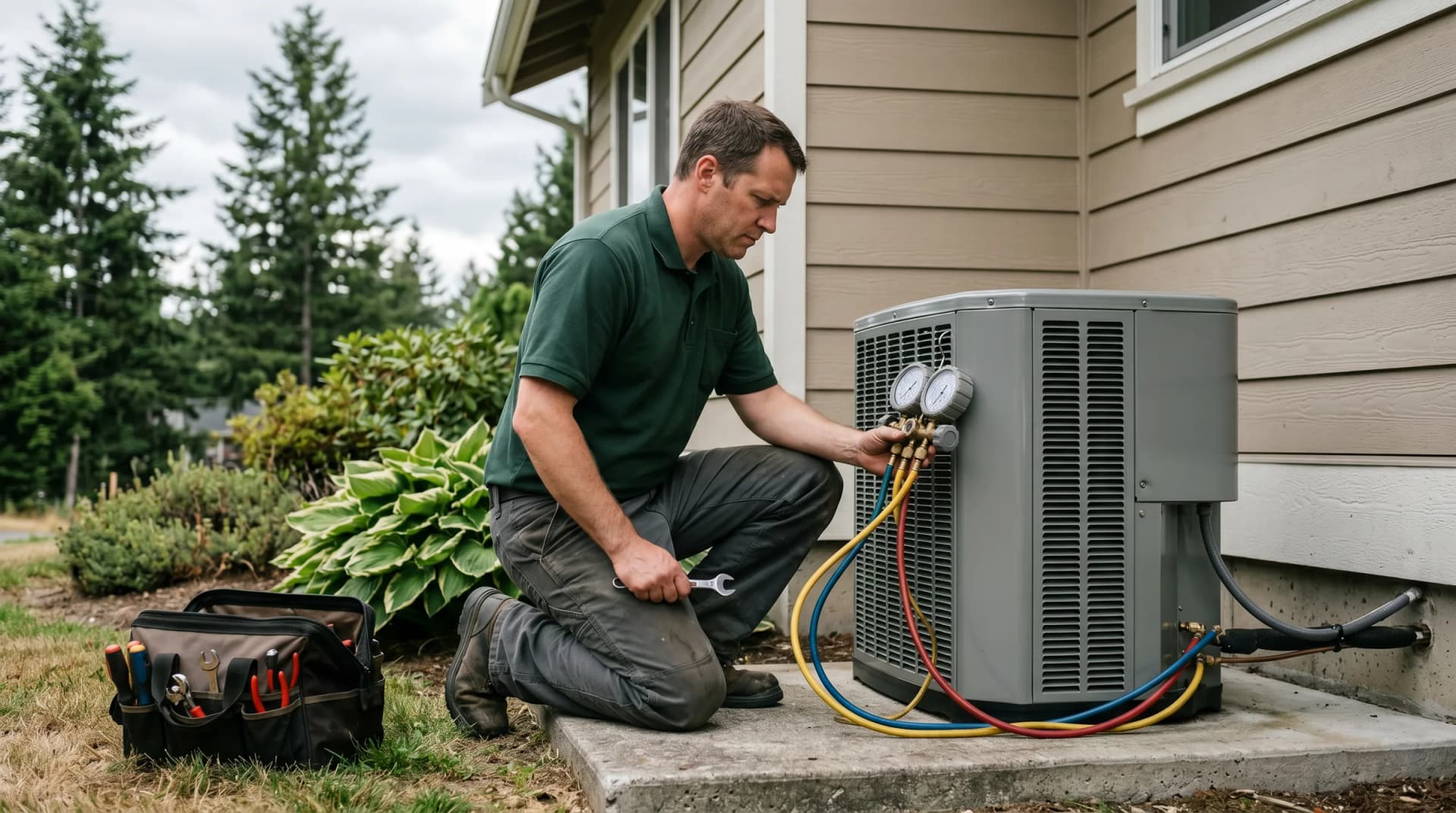 An HVAC technician checking refrigerant gauges on a residential heat-pump condenser