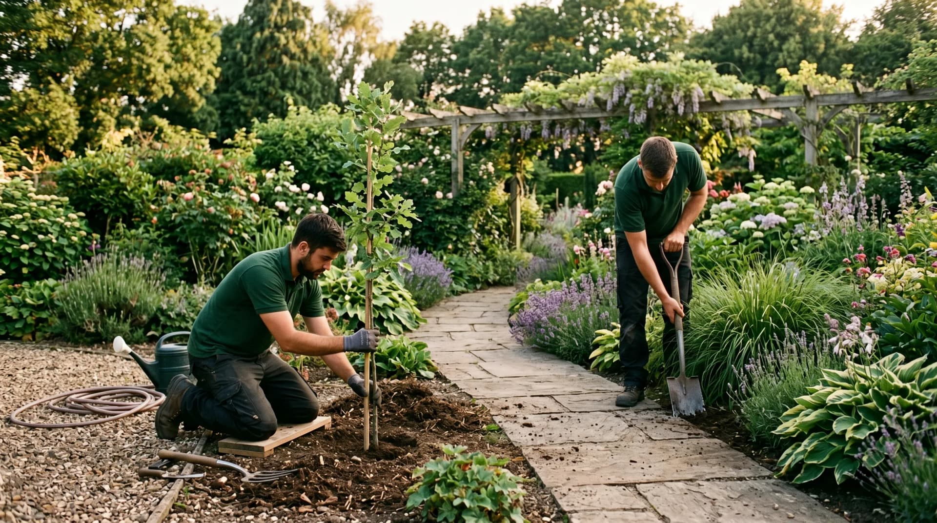 Landscapers setting a young tree into a mulched bed and edging a border beside a flagstone path