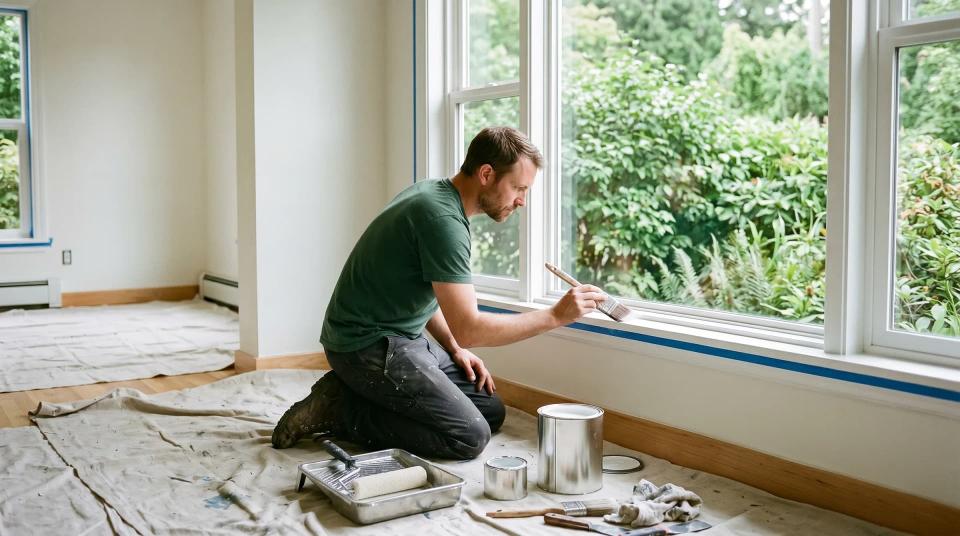 A painter cutting in a clean line along interior window trim with an angled brush