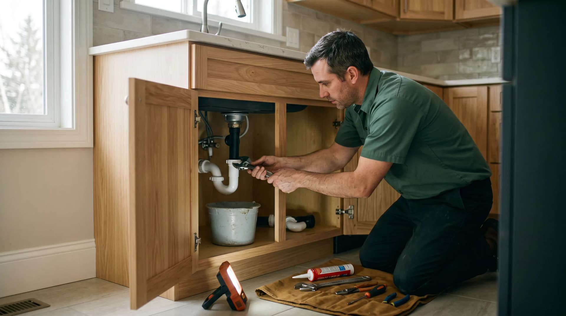 A plumber tightening a slip nut on a replacement P-trap under a kitchen sink