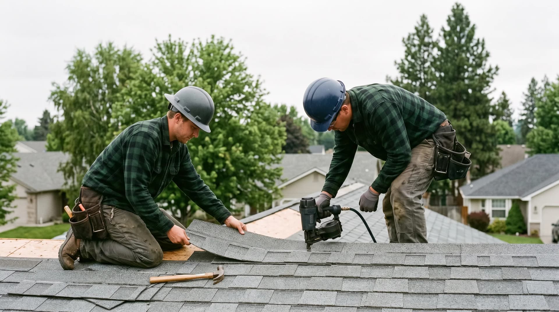 Two roofers setting a course of asphalt shingles on a residential roof, one nailing it off