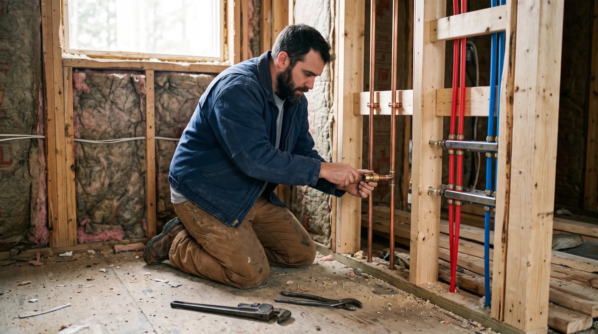 A plumber hand-tightening a brass fitting on a copper stub-out during a bathroom rough-in, PEX manifold in the next stud bay