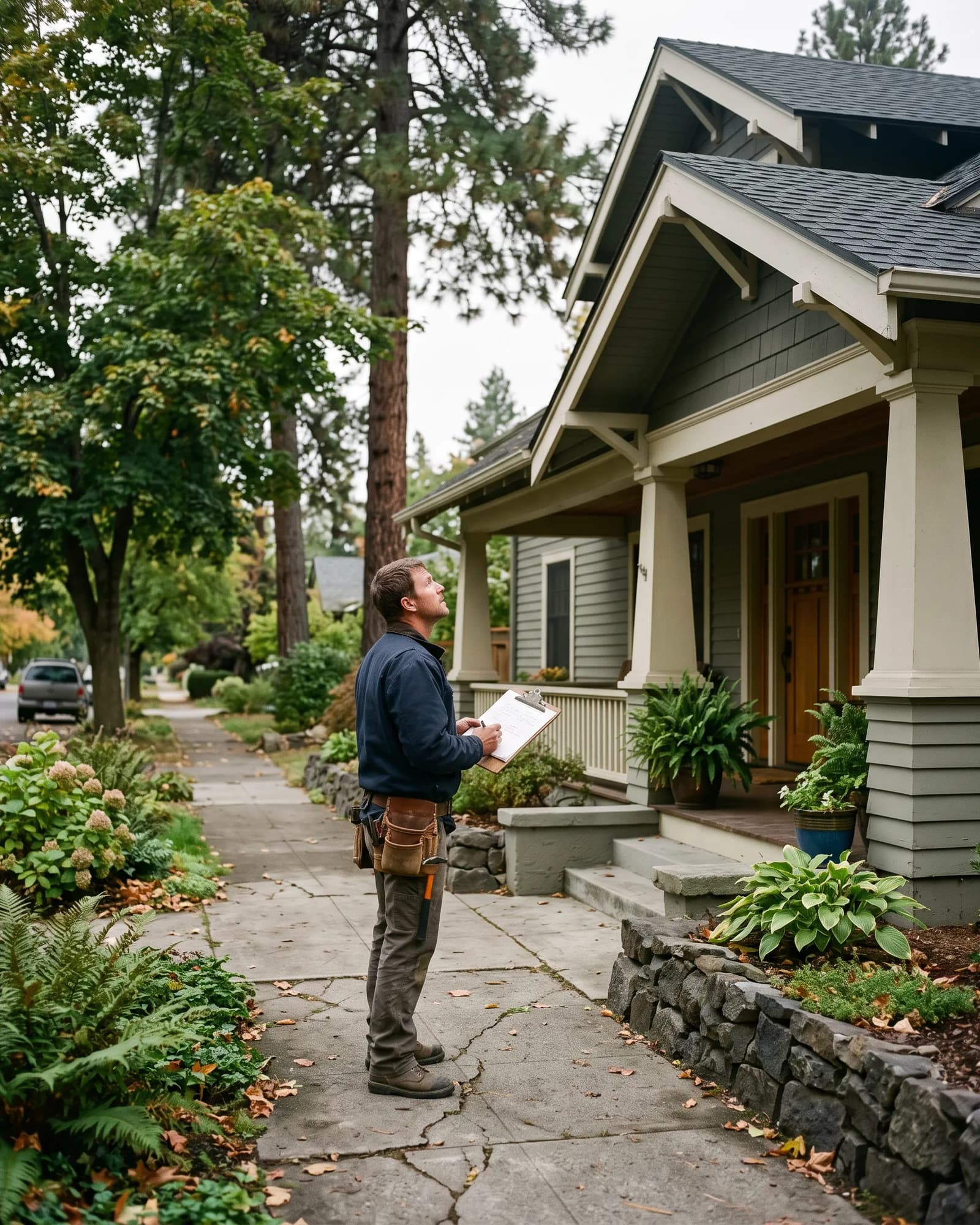 A contractor on the front walk of a Spokane craftsman house, looking up at the roofline with a clipboard in hand