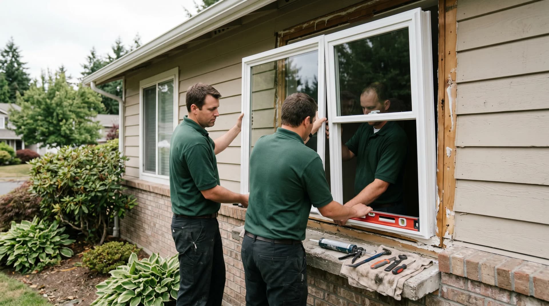 Installers setting a replacement window into a prepared rough opening and checking it for level